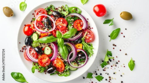 Bright top view of a vibrant Mediterranean quinoa salad with fresh red onions, juicy tomatoes, and green olives on an isolated white background, studio-lit