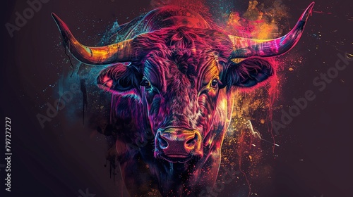 Stunning 4K wallpaper of a multicolored bull against a dark background. Captures the wild essence of this majestic animal, perfect for wildlife enthusiasts