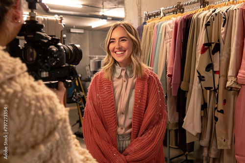 Fashion influencer, lifestyle vlogger and content creator filming clothing haul video.