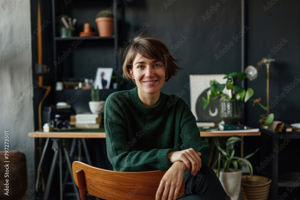 Short hair woman in green sweater turn sideway to smile at camera sitting photo photography. Short hair woman in green sweater turn sideway to smile at camera sitting photo photography.