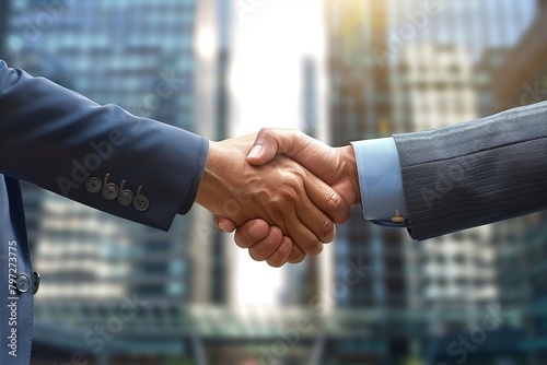 businessmen shaking hands, their palms meeting in a gesture of mutual trust and satisfaction. Blurred office buildings in the background set the scene for professional accomplishment and collaboration