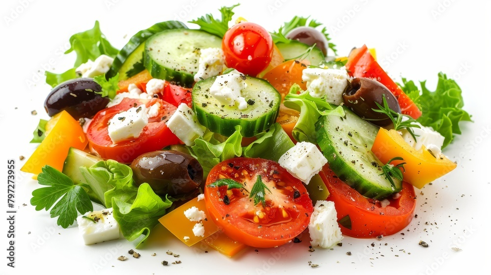 Artistic studio shot of a freshly prepared Greek salad, featuring glistening tomatoes, crisp cucumbers, and bright peppers on a stark white background, accented with feta and olives Artistic studio shot of a freshly prepared Greek salad, featuring glistening tomatoes, crisp cucumbers, and bright peppers on a stark white background, accented with feta and olives