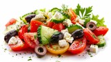 Artistic studio shot of a freshly prepared Greek salad, featuring glistening tomatoes, crisp cucumbers, and bright peppers on a stark white background, accented with feta and olives