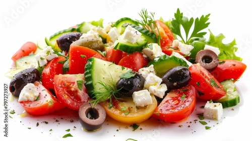 Artistic studio shot of a freshly prepared Greek salad, featuring glistening tomatoes, crisp cucumbers, and bright peppers on a stark white background, accented with feta and olives