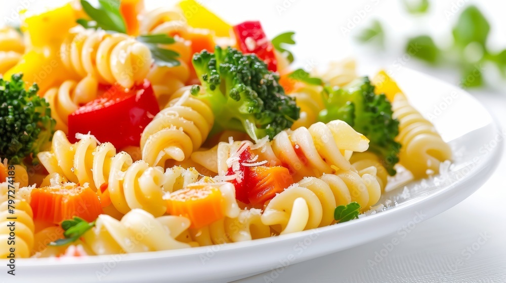 Artistic close-up of Pasta Primavera with fresh vegetables and a hint of cream sauce, on an isolated white background, enhanced with studio lighting Artistic close-up of Pasta Primavera with fresh vegetables and a hint of cream sauce, on an isolated white background, enhanced with studio lighting