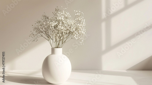 A minimalist white vase filled with delicate baby s breath  embodying simplicity and purity.