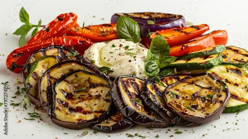 Artistic display of grilled vegetables, featuring eggplant, peppers, and zucchini with a side of aioli, set against a pure white studio backdrop