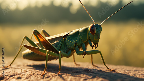 A close-up photo of a grasshopper, a macro photo of a grasshopper in the sunlight photo