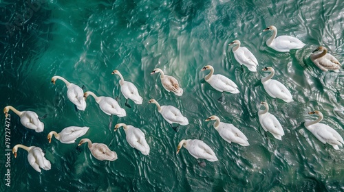 Aerial view of flock of white swans swimming in the water collectively with the group.