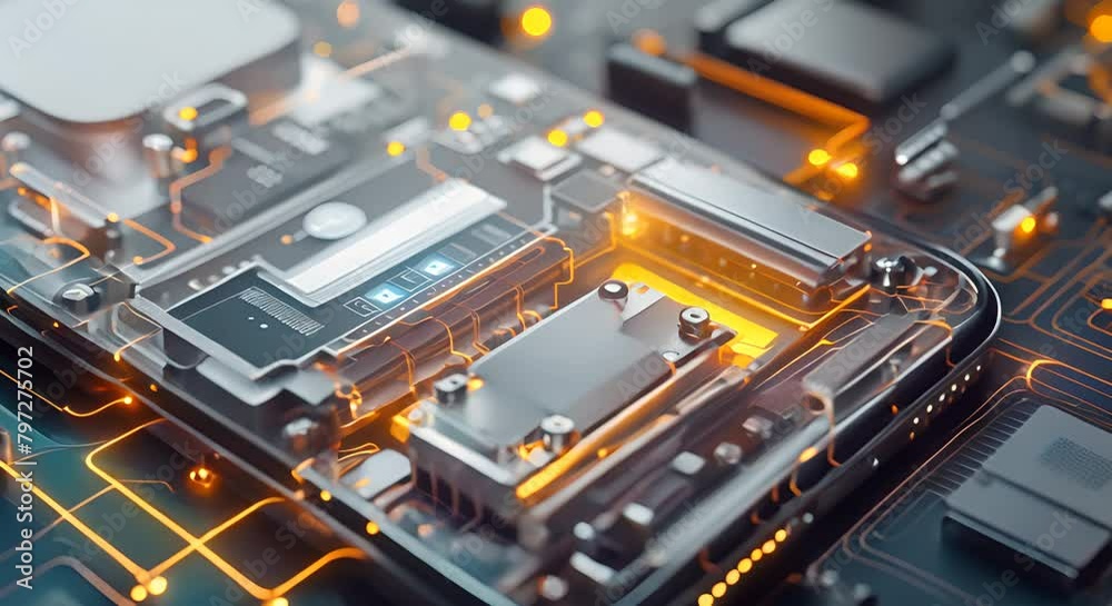 Transparent view of a smartphone showing the battery inside, digital components blurred around Transparent view of a smartphone showing the battery inside, digital components blurred around