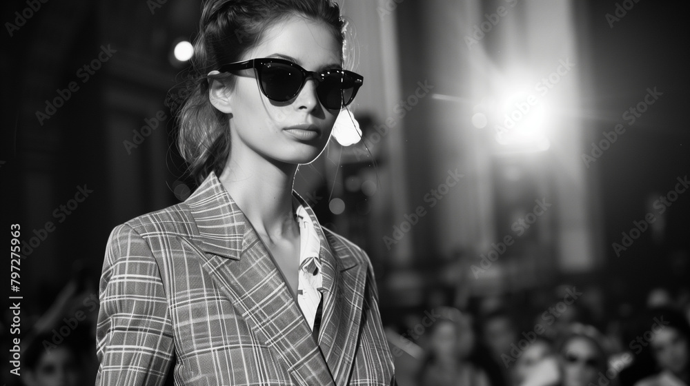A stylish black and white frame from a fashion show with a model in sunglasses. model show reportage shooting A stylish black and white frame from a fashion show with a model in sunglasses. model show reportage shooting