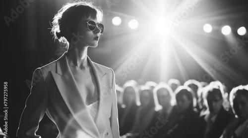 Fashion show, a beautiful model walks down the runway in an expressive monochrome suit and sunglasses