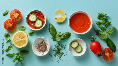 Gazpacho ingredients in a serene arrangement, emphasizing the coolness of the soup, perfect for a summer recipe book cover photo