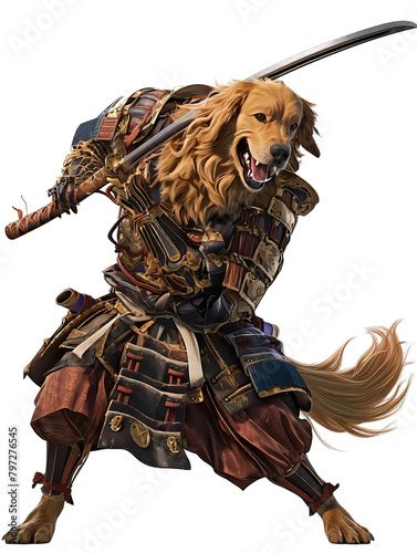 Golden Retriever Samurai With Armor and Weapon