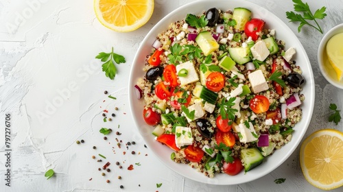 Fresh Mediterranean quinoa salad with feta cheese and lemon-herb dressing, studio lighting emphasizes the freshness, top view on a clean, isolated background