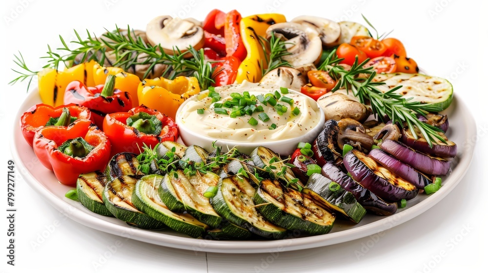 Fresh grilled vegetables platter with colorful bell peppers, zucchini, eggplant, and mushrooms, served with aioli, isolated on white, studio lighting