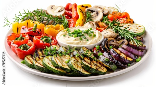 Fresh grilled vegetables platter with colorful bell peppers, zucchini, eggplant, and mushrooms, served with aioli, isolated on white, studio lighting