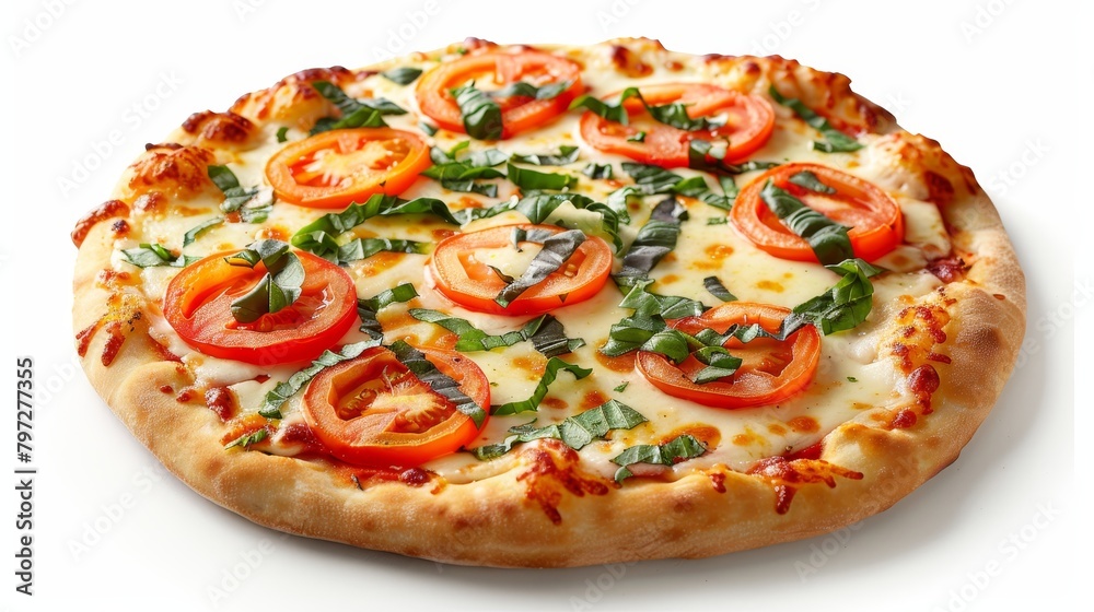 Fresh Caprese pizza with perfect cheese melt, tomato and basil, clean isolated background, high resolution