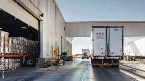 A cross-dock facility during peak operation, transferring goods between trailers 
