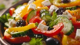 Fresh and appealing Greek salad close-up, emphasizing the vibrant colors and textures of bell peppers and cucumbers, with olives and feta, in a studio setting