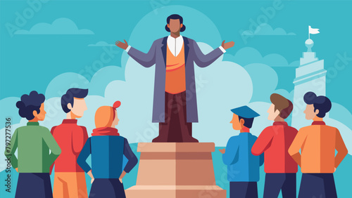 The guide standing in front of a statue of a founding father surrounded by a group of tourists recounting the inspiring words and actions of these. Vector illustration