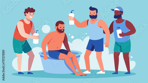 After a workout a group of men gather for a cold therapy session taking turns stepping into an ice bath to reduce inflammation and promote faster.
