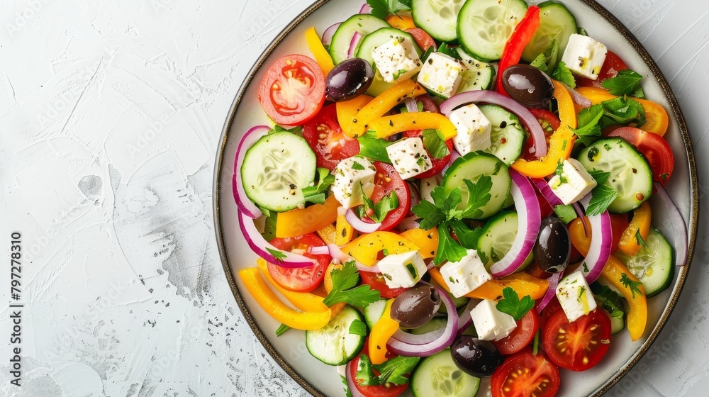 Freshly prepared Greek Salad, overhead shot featuring juicy tomatoes, sliced cucumbers, mixed bell peppers, red onions, Kalamata olives, and feta, isolated on a clean background, studio lighting Freshly prepared Greek Salad, overhead shot featuring juicy tomatoes, sliced cucumbers, mixed bell peppers, red onions, Kalamata olives, and feta, isolated on a clean background, studio lighting