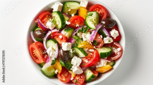 Freshly prepared Greek Salad, overhead shot featuring juicy tomatoes, sliced cucumbers, mixed bell peppers, red onions, Kalamata olives, and feta, isolated on a clean background, studio lighting