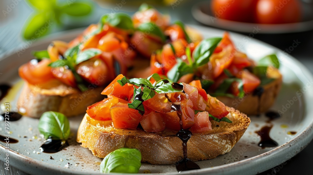 Freshly prepared bruschetta, vibrant tomatoes and green basil on golden toasted bread, drizzled with olive oil and balsamic glaze, minimalist setting
