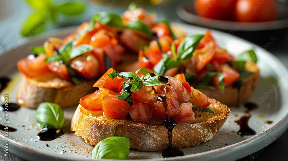Freshly prepared bruschetta, vibrant tomatoes and green basil on golden toasted bread, drizzled with olive oil and balsamic glaze, minimalist setting Freshly prepared bruschetta, vibrant tomatoes and green basil on golden toasted bread, drizzled with olive oil and balsamic glaze, minimalist setting