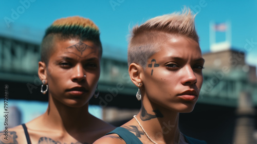 Two tattooed queer individuals in stylish attire.