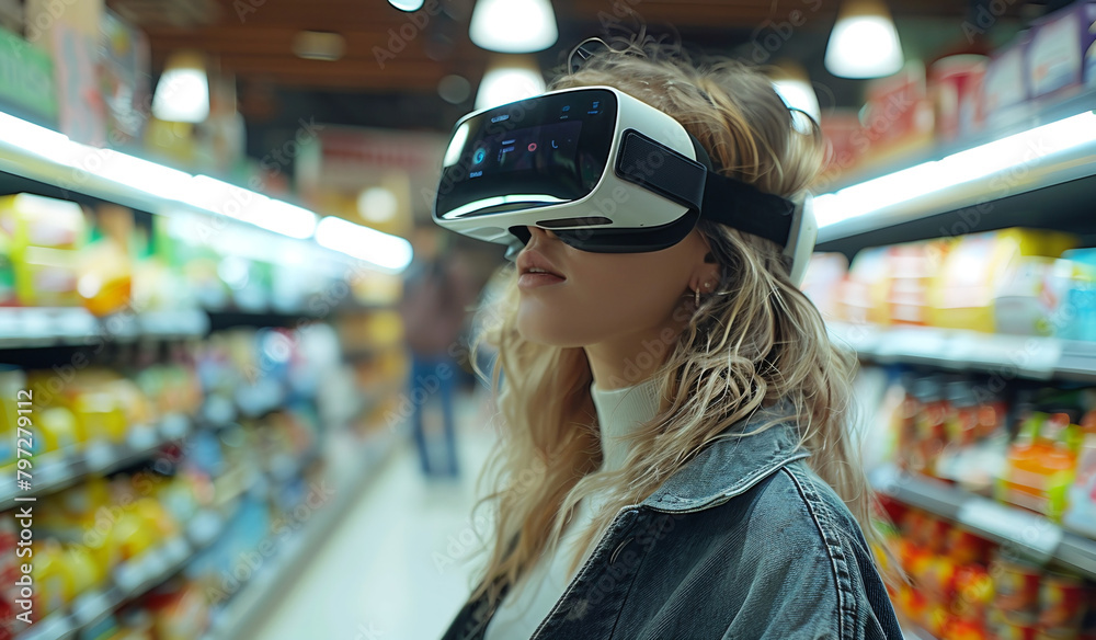Woman wearing virtual reality glasses shopping at supermarket. Generative AI