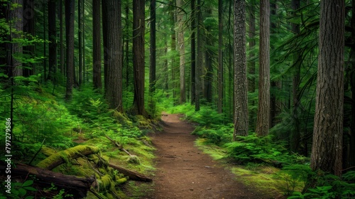 A deep forest trail lined with tall  ancient trees and soft moss
