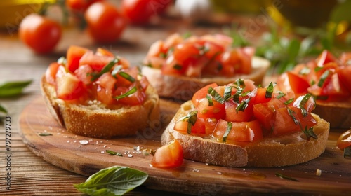 Elevated view of traditional bruschetta, detailed texture of diced tomatoes and garlic on crusty bread, olive oil finish, under studio lights