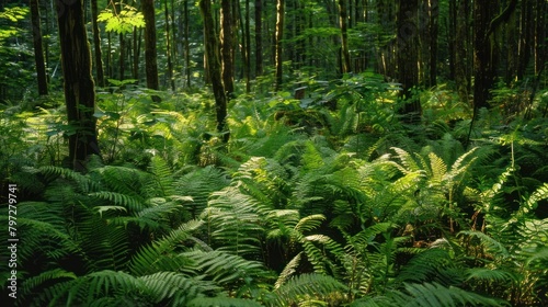 A dense fern undergrowth in an old-growth forest with light filtering through 