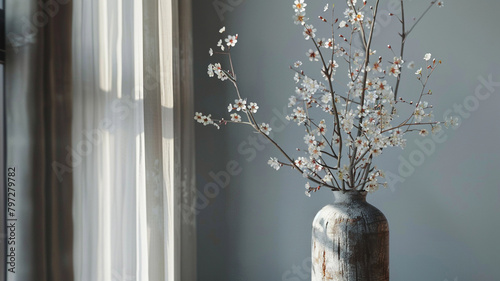 A tall, slender vase filled with elegant branches of cherry blossoms, symbolizing the beauty of nature.