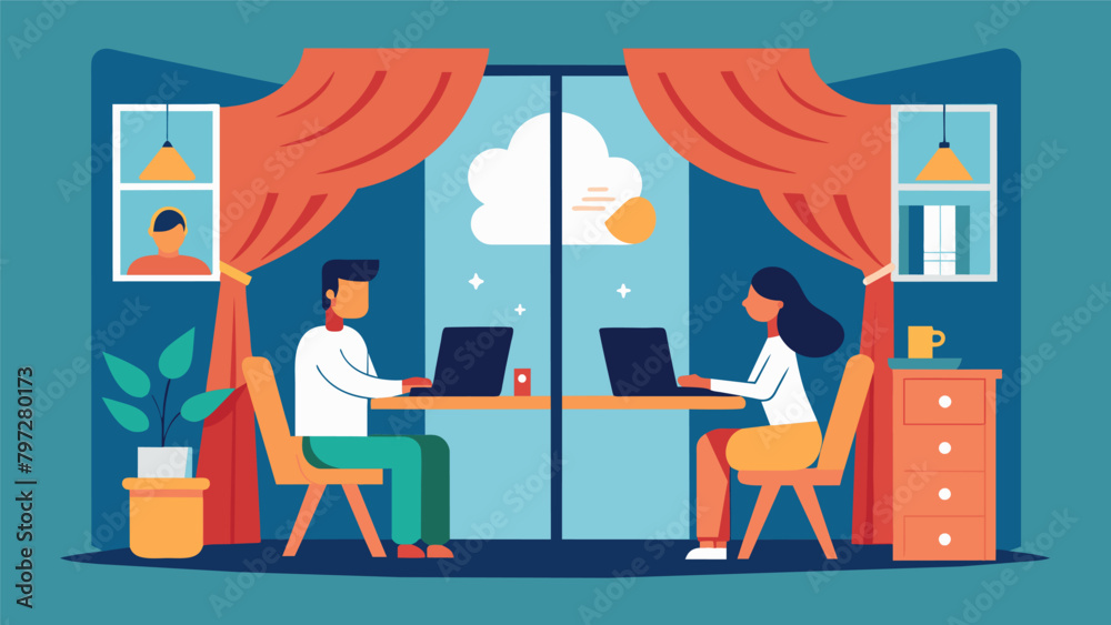 A shared home office space is divided using decorative curtains creating a sense of privacy and individuality while promoting a collaborative A shared home office space is divided using decorative curtains creating a sense of privacy and individuality while promoting a collaborative