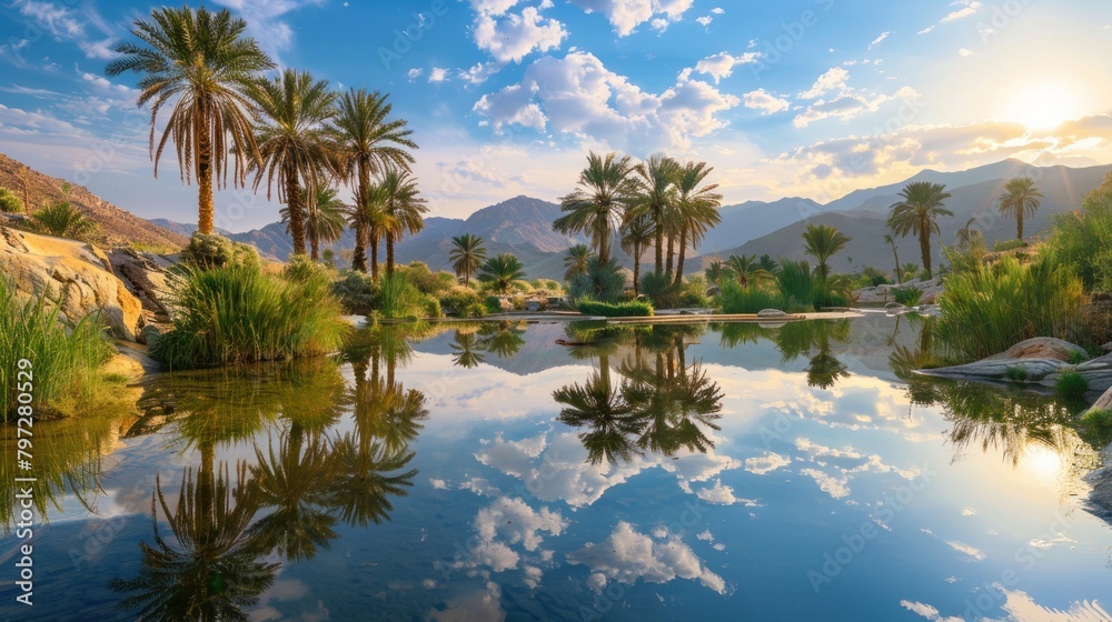 A desert oasis with palm trees and a pool of water reflecting the sky