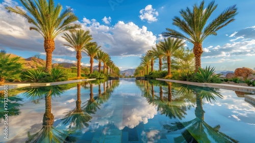 A desert oasis with palm trees and a pool of water reflecting the sky  © Alex