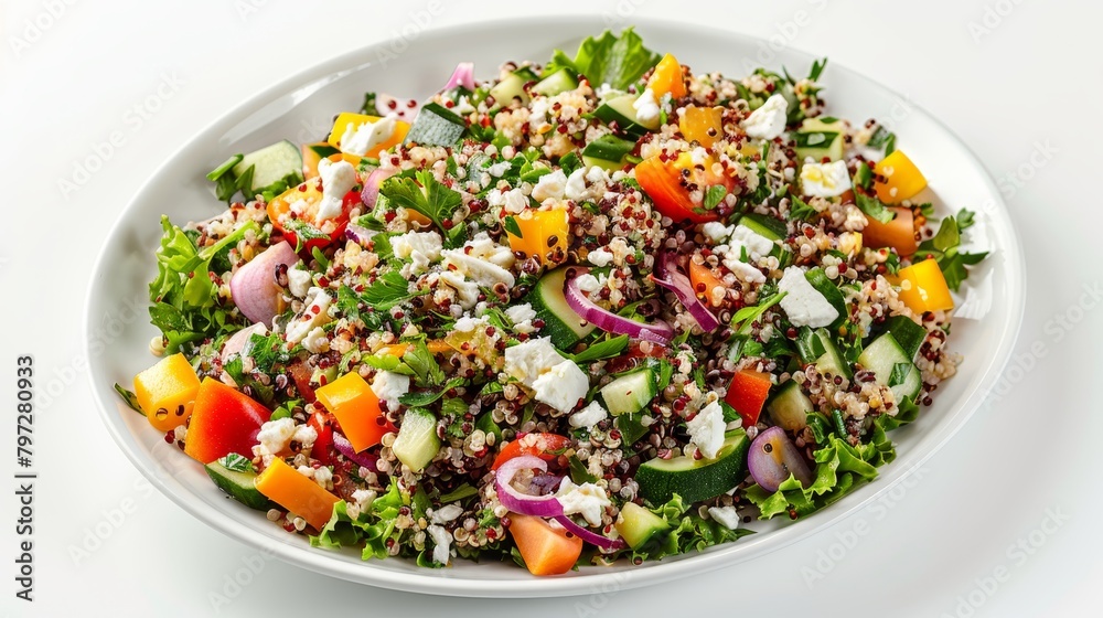 Elegant aerial presentation of a Mediterranean quinoa salad with crisp vegetables and tangy feta cheese, perfectly arranged on an isolated white background, studio lighting Elegant aerial presentation of a Mediterranean quinoa salad with crisp vegetables and tangy feta cheese, perfectly arranged on an isolated white background, studio lighting