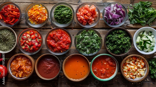 Dynamic top view of a gazpacho feast, showing all ingredients before blending, set on a rustic wooden table, emphasizing texture and color contrast photo