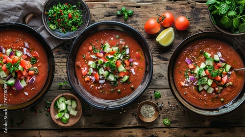 Dynamic top view of a gazpacho feast, showing all ingredients before blending, set on a rustic wooden table, emphasizing texture and color contrast