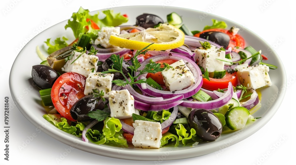 Detailed image of a traditional Greek salad, highlighting the interplay of red onions, olives, and feta cheese, with a perfect drizzle of olive oil and lemon, studio isolated background