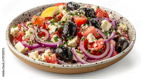 Detailed image of a traditional Greek salad, highlighting the interplay of red onions, olives, and feta cheese, with a perfect drizzle of olive oil and lemon, studio isolated background
