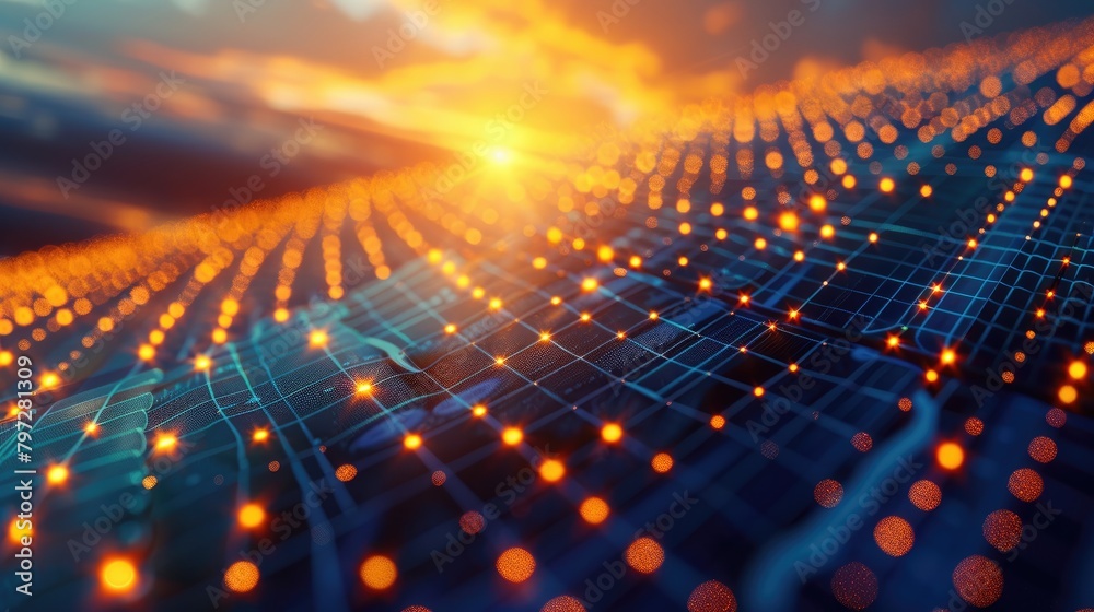 Artistic rendering of a starry night sky with a glowing grid.