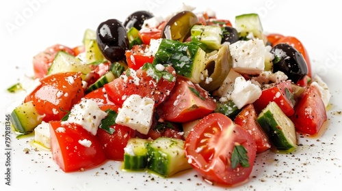 Contemporary take on a Greek salad, with sharp studio lighting illuminating the dewy textures of tomatoes and cucumbers mixed with feta and olives, white background