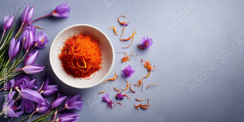 Top view of a bowl of saffron and its flowers in a studio clean backdrop with a big space for text or product advertisement, blur background