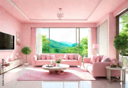 Tranquil pink living space with cozy furnishings, Chic pink-themed lounge with modern furniture, Elegant living room interior with soft pink décor.