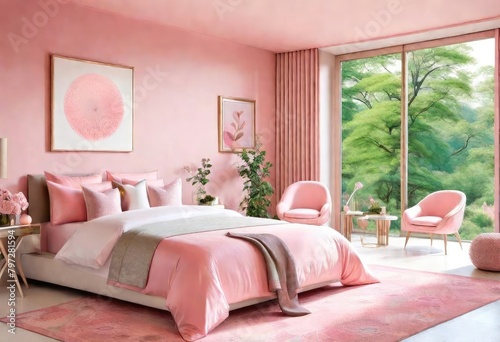 A charming pink-themed bedroom with a touch of sophistication, A serene bedroom featuring soft pink walls and elegant furnishings, A cozy bedroom with pink decor and plush furniture.
