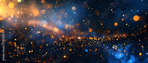 Abstract background with dark blue and gold particles, golden Christmas light particles shine bokeh on a dark blue background, gold foil texture concept. photo
